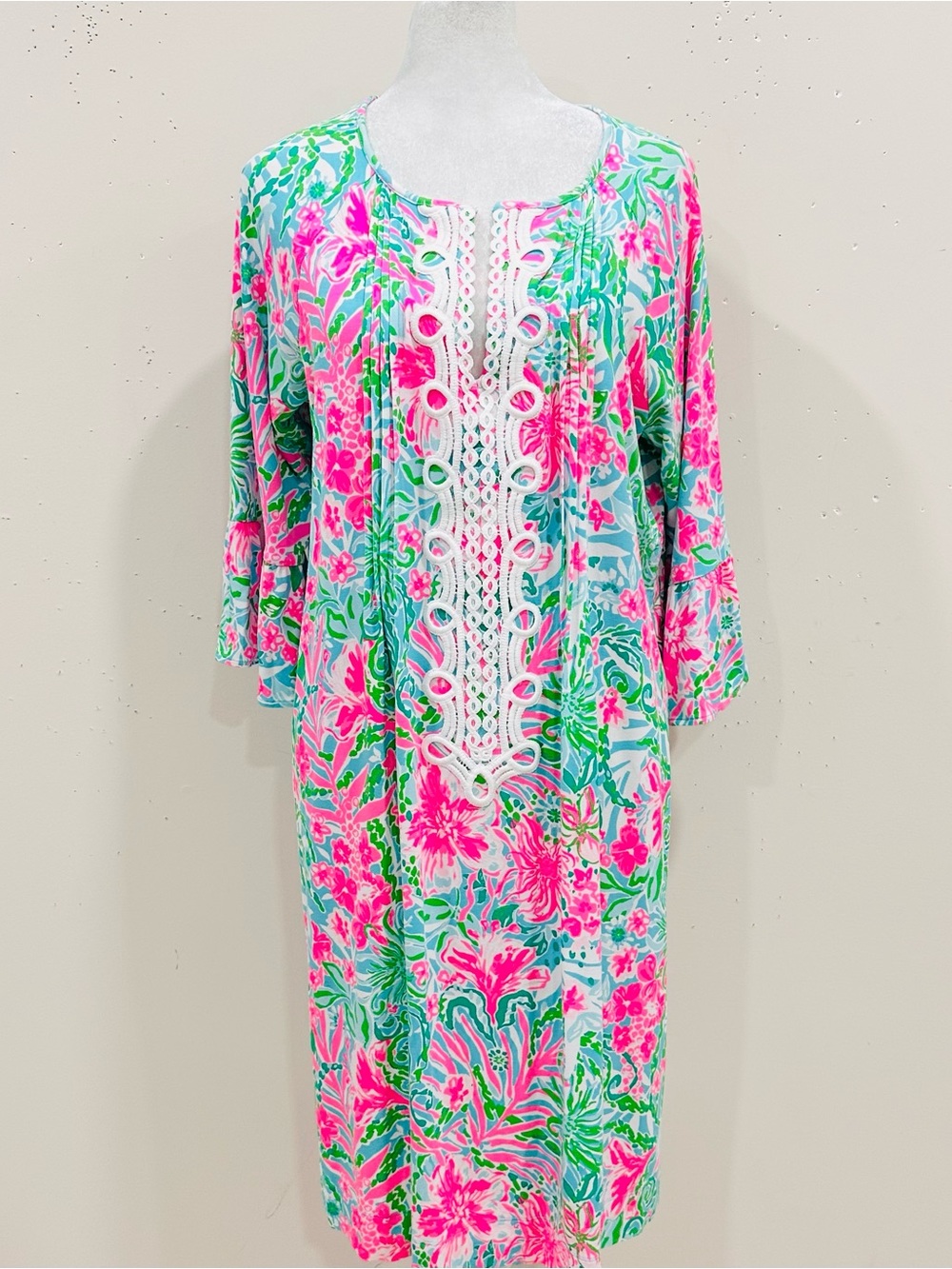 Lilly Pulitzer Krysta Tunic Dress Womens Large L Pink Floral Lace Trim